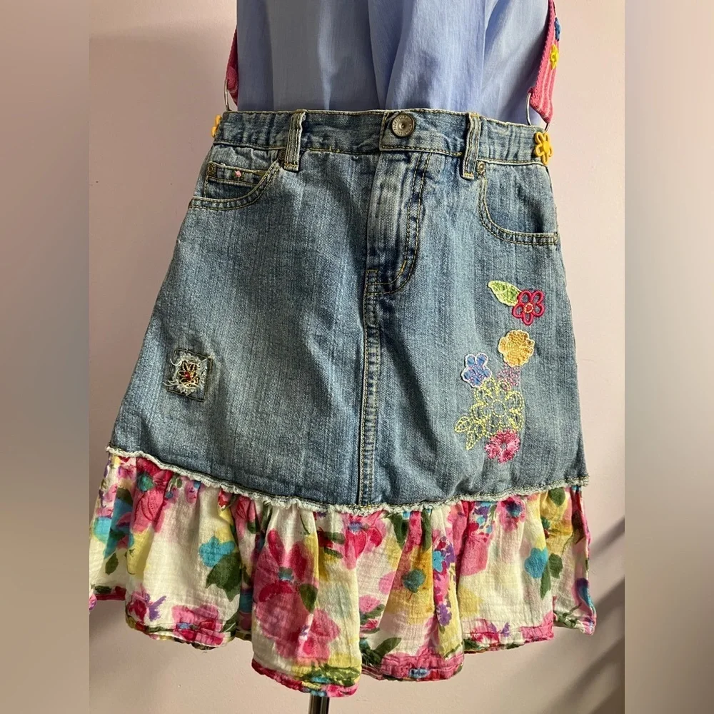 Girl’s Handcrafted Denim Shoulder Bag, Embroidered, Butterfly Lining, Faded Blue